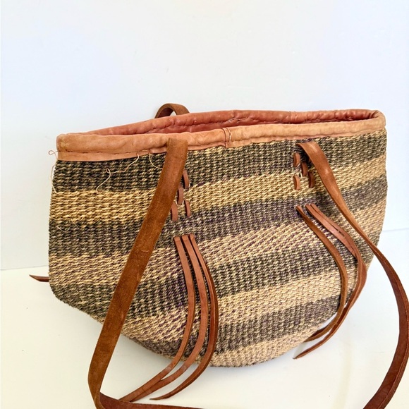 Vintage Woven Sisal & Leather Jute Boho Hippie Purse Market Bag Straw - Picture 3 of 6